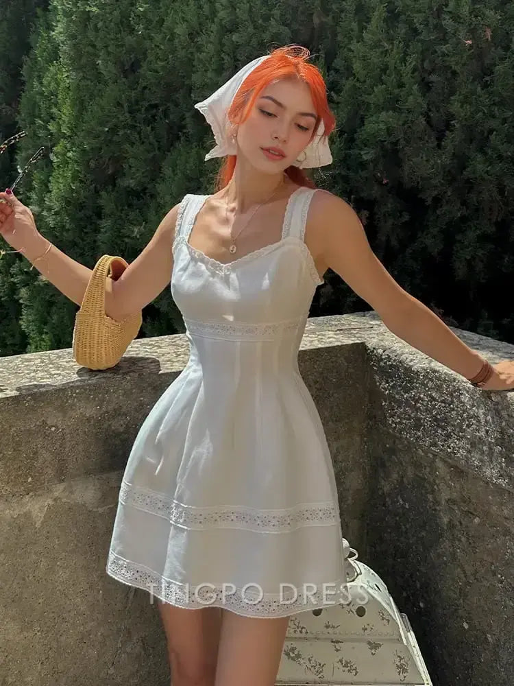 TingPo Wholesale Elegant White Square Neck Dress - Lace Trim Spaghetti Straps Fit & Flare Mini